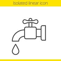 Water faucet linear icon. Tap thin line illustration. Open faucet with water drop contour symbol. Vector isolated outline drawing