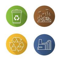 Waste management flat linear long shadow icons set. Recycle bin symbol, rubbish dump, factory pollution. Environment protection. Vector line illustration