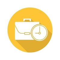 Work time flat design long shadow icon. Business briefcase with clock. Vector silhouette symbol