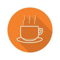 Steaming cup flat linear long shadow icon. Hot drink mug. Vector line symbol