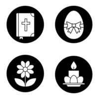 Easter icons set. Holy Bible, Easter egg with bow and ribbon, camomile, eggs and candle on plate. Vector white silhouettes illustrations in black circles