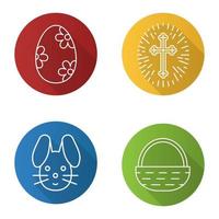 Easter flat linear long shadow icons set. Easter egg with flowers pattern, bunny, Christian crucifix, basket. Vector line illustration