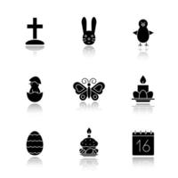 Easter drop shadow black icons set. Cross on hill, newborn chicken in egg shell, Easter bunny, eggs with cake and candles, April 16 calendar, butterfly. Isolated vector illustrations