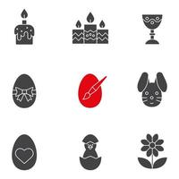 Easter glyph icons set. April 16 silhouette symbols. Candles, Easter bunny and eggs, camomile, goblet, newborn chicken. Vector isolated illustration