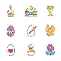 Easter color icons set. Candles, Easter bunny and eggs, camomile, goblet, newborn chicken. Isolated vector illustrations