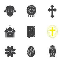 Easter glyph icons set. April 16 silhouette symbols. Flower, church, Holy Bible, Easter eggs, lambs and crosses. Vector isolated illustration