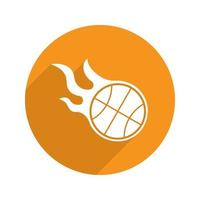 Burning basketball ball. Flat design long shadow icon. Vector silhouette symbol