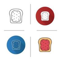 Toast with jam or butter icon. Flat design, linear and color styles. Breakfast. Isolated vector illustrations