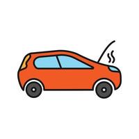 Broken car color icon. Automobile with open hood and smoke. Isolated vector illustration