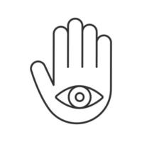 Eye in hand linear icon. Thin line illustration. Hand of Fatima. Contour symbol. Vector isolated outline drawing