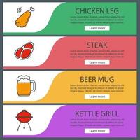 Barbecue web banner templates set. BBQ. Chicken leg, steak, beer mug, kettle grill. Website color menu items. Vector headers design concepts