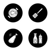 Barbecue glyph icons set. BBQ. Grilled fish, kitchen spatula, chicken leg, ketchup and mustard. Vector white silhouettes illustrations in black circles
