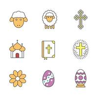 Easter color icons set. Flower, church, Holy Bible, Easter eggs, lambs and cross, crucifix. Isolated vector illustrations