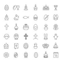 Easter linear icons set. Easter bunny, eggs, cake, cross, lamb, chicken, church, candles, Holy Bible, April 16 calendar, wine and bread. Thin line contour symbols. Isolated vector illustrations