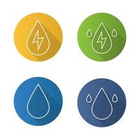 Water energy flat linear long shadow icons set. Water drops. Hydro power plant. Vector line illustration
