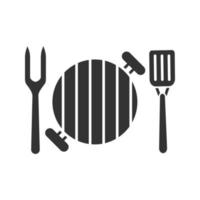 Barbecue grill with fork and spatula glyph icon. Silhouette symbol. Negative space. Vector isolated illustration