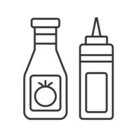 Ketchup and mustard linear icon. Thin line illustration. Condiment bottles. Contour symbol. Vector isolated drawing