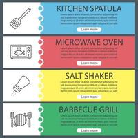 Barbecue web banner templates set. BBQ. Kitchen spatula, microwave oven cooking, salt shaker, grill. Website color menu items with linear icons. Vector headers design concepts