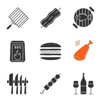 conjunto de iconos de glifo de barbacoa. barbacoa. parrilla de mano, tocino, pescado a la parrilla, carbón, sándwich, pierna de pollo, juego de cuchillos, shish kebab, vino. símbolos de silueta. vector ilustración aislada