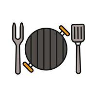 Barbecue grill with fork and spatula color icon. Isolated vector illustration