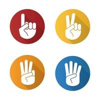 Hand gestures flat design long shadow icons set. One, two, three and four fingers up. Vector silhouette illustration