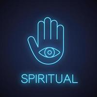 Eye in hand neon light icon. Spiritual glowing sign. Hand of Fatima. Vector isolated illustration
