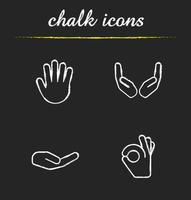 Hand gestures chalk icons set. Begging and cupped hands, palm, ok gesture. Isolated vector chalkboard illustrations