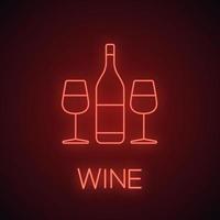 Wine and two glasses neon light icon. Bar glowing sign. Champagne. Vector isolated illustration