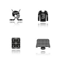 Hockey drop shadow black icons set. Sticks and helmet, rink, shirt, puck in gates. Isolated vector illustrations