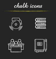 School and education chalk icons set. Students, class journal with pencil, ringing school bell, books stack. Isolated vector chalkboard illustrations