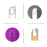 Nail polishing icon. Flat design, linear and color styles. Manicure. Woman's nail with polish drop. Isolated vector illustrations