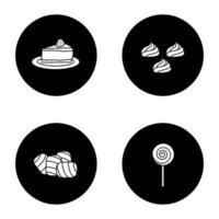 Condectionery glyph icons set. Coffee house menu. Cheesecake, meringues, marshmallow, spiral lollipop. Vector white silhouettes illustrations in black circles
