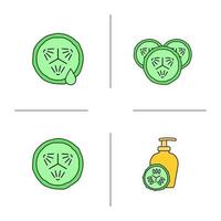 Cosmetology cucumbers color icons set. Cucumber slices with juice drop, facial mask. Isolated vector illustrations