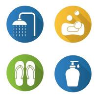 Conjunto de iconos de larga sombra de diseño plano de salón de spa. ducha de salón spa, chanclas, esponja con burbujas, gel de ducha con gota. ilustración de silueta de vector