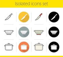 Kitchenware icons set. Flat design, linear, black and color styles. Knife, colander, saucepan. Isolated vector illustrations