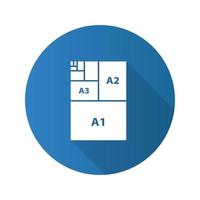 Paper sizes flat design long shadow glyph icon. Paper sheet formats. A3, A1, A2. Vector silhouette illustration