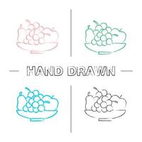 Bowl with fruit hand drawn icons set. Harvest. Pear, apple, bunch of grapes. Still life. Color brush stroke. Isolated vector sketchy illustrations