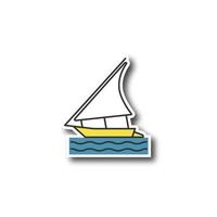 Sailing boat patch. Felucca. Yacht. Color sticker. Vector isolated illustration