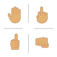 Hand gestures color icons set. Middle finger up, palm, punch, thumbs up. Isolated vector illustrations