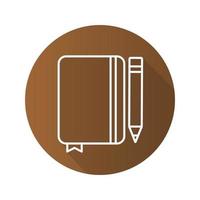 Diary notebook with pencil. Flat linear long shadow icon. Notepad with bookmark. Vector line symbol
