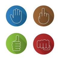 Hand gestures flat linear long shadow icons set. Middle finger up, palm, punch, thumbs up. Vector line illustration