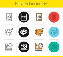 Education icons set. Linear, black and color styles. Mathematics, art, geometry symbols. School rulers, abacus, palette with brush. Isolated vector illustrations