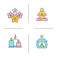 Spa salon color icons set. Aromatherapy candles and flowers, yoga position. Isolated vector illustrations