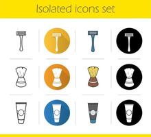 Shaving accessories icons set. Flat design, linear, black and color styles. Aftershave cream tube, razor, shaving brush. Isolated vector illustrations