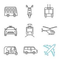 conjunto de iconos lineales de transporte público. autobús de dos pisos, scooter, trolebús, taxi, tranvía, helicóptero, auto rickshaw, minivan, avión. símbolos de contorno de línea fina. ilustraciones de contorno vectorial aislado vector