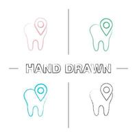 Dental clinic location hand drawn icons set. Tooth with map pinpoint. Color brush stroke. Isolated vector sketchy illustrations