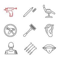 Tattoo studio linear icons set. Highlighter, tattoo chair, piercing gun prohibition, razor, pierced ear and tongue, tattooist, needles. Thin line contour symbols. Isolated vector outline illustrations