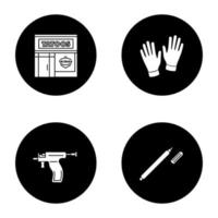 Tattoo studio glyph icons set. Piercing service. Tattoo parlour exterior, medical gloves, piercing gun, highlighter. Vector white silhouettes illustrations in black circles