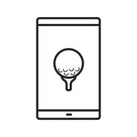 Smartphone golf game app linear icon. Thin line illustration. Smart phone with golf ball on tee contour symbol. Vector isolated outline drawing