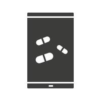 Smartphone medical app glyph icon. Silhouette symbol. Smart phone with pills. Negative space. Vector isolated illustration